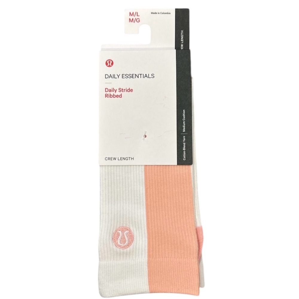 Lululemon 1 Pair Women’s Daily Stride Ribbed Crew Socks Size M/L Pink White NWT